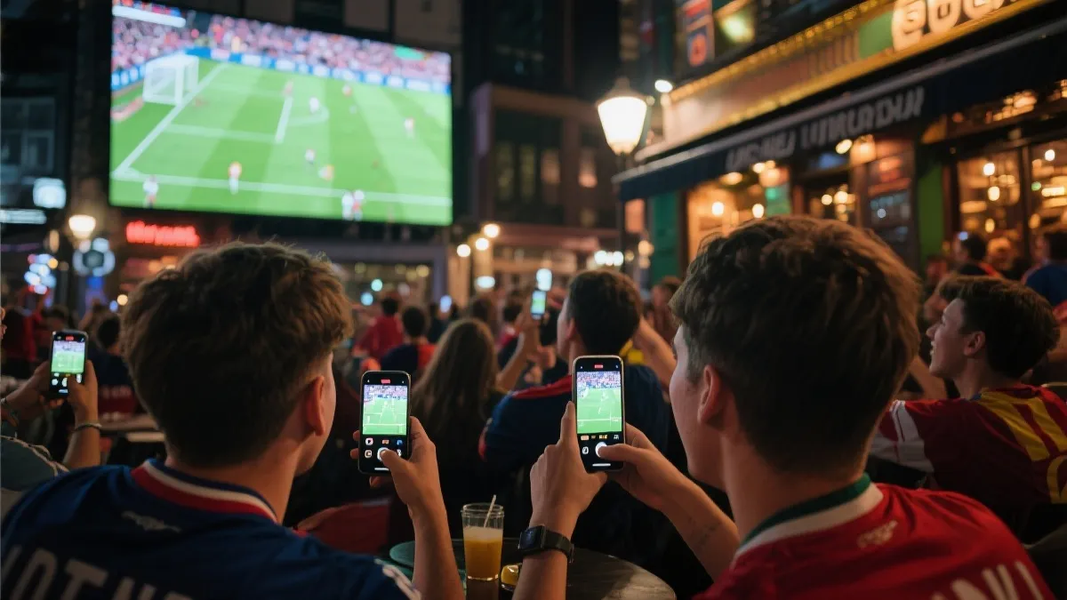 年轻球迷通过手机和大屏幕共同观看世界杯比赛并在社交媒体互动