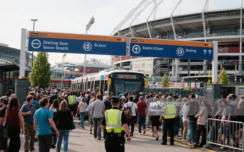 赛事日公共交通与球迷导流的城市运营场景，强调秩序与高效